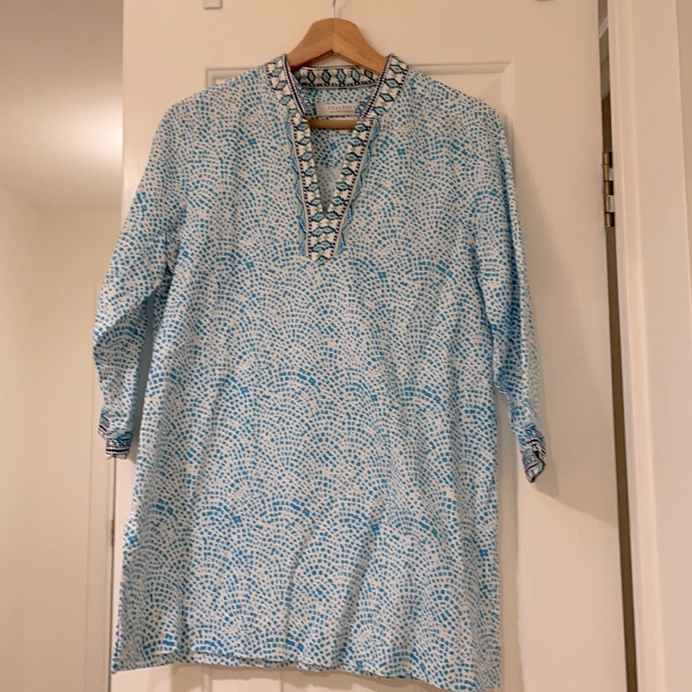 Blue and white print long cut shirt